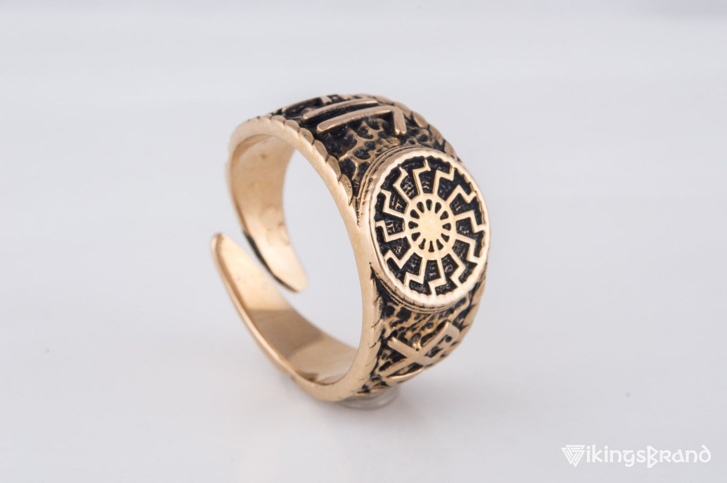 Vikings Black Sun Symbol with HAIL ODIN Runes Bronze Viking Ring