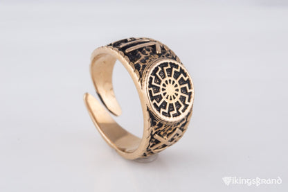 Vikings Black Sun Symbol with HAIL ODIN Runes Bronze Viking Ring