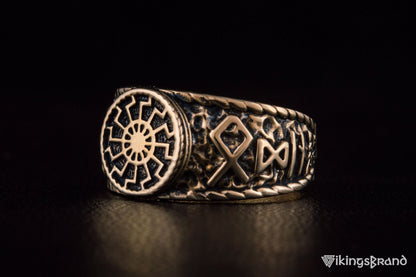 Vikings Black Sun Symbol with HAIL ODIN Runes Bronze Viking Ring