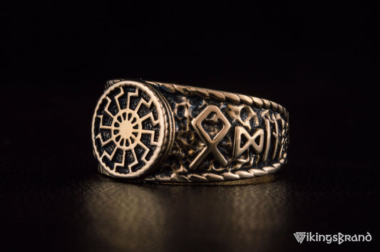 Vikings Black Sun Symbol with HAIL ODIN Runes Bronze Viking Ring