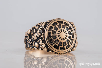 Vikings Black Sun Symbol with Oak Leaves and Acorns Bronze Norse Ring