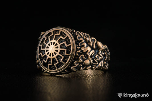 Vikings Black Sun Symbol with Oak Leaves and Acorns Bronze Norse Ring