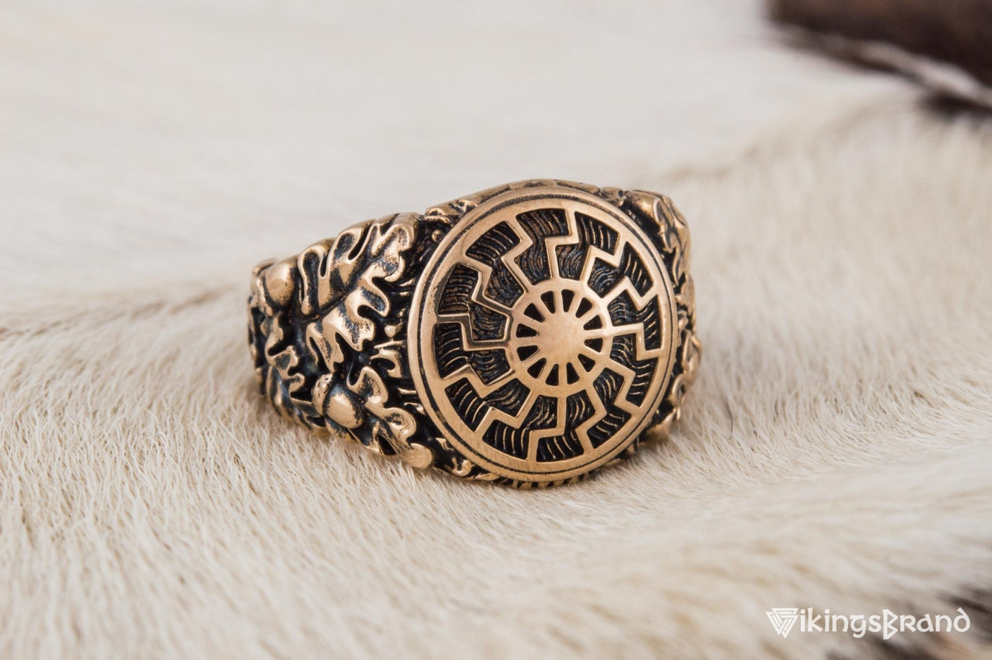 Vikings Black Sun Symbol with Oak Leaves and Acorns Bronze Norse Ring