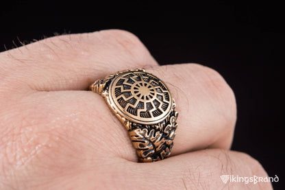 Vikings Black Sun Symbol with Oak Leaves and Acorns Bronze Norse Ring