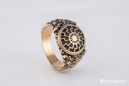 Vikings Black Sun Symbol with Oak Leaves and Acorns Bronze Norse Ring