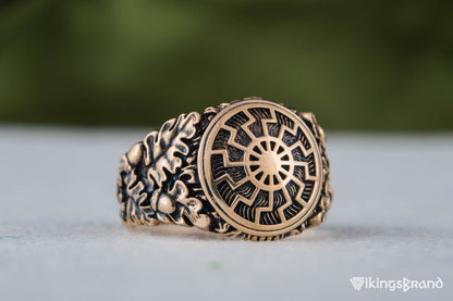 Vikings Black Sun Symbol with Oak Leaves and Acorns Bronze Norse Ring