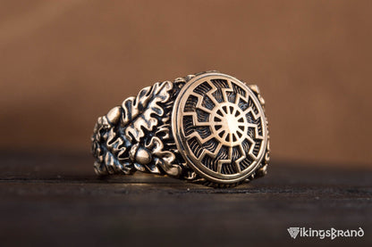 Vikings Black Sun Symbol with Oak Leaves and Acorns Bronze Norse Ring