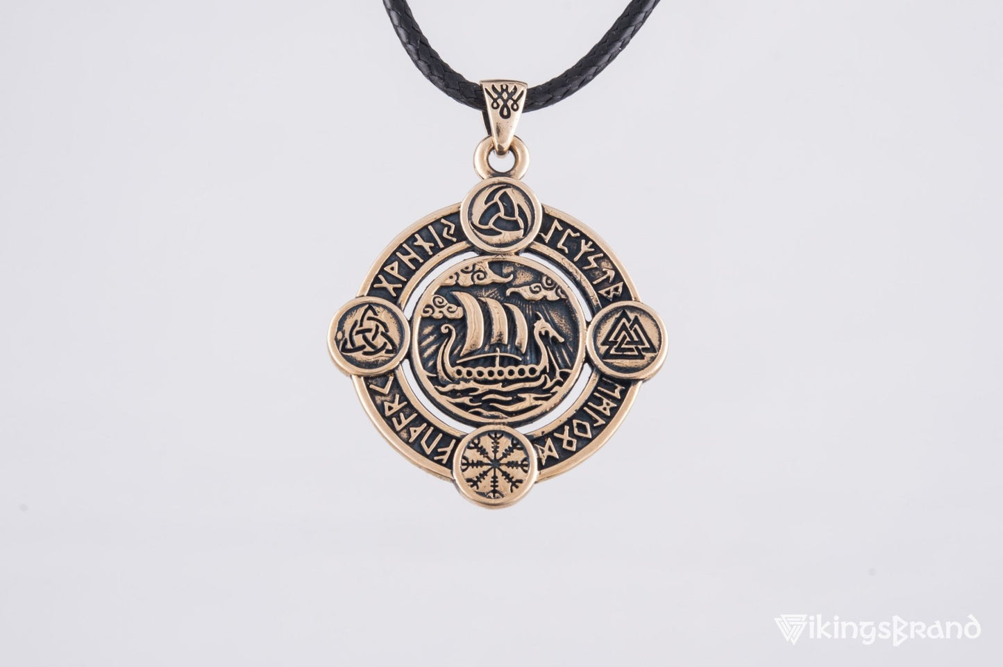 Vikings Drakkar Pendant with Norse Symbols Bronze Viking Jewelry