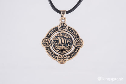 Vikings Drakkar Pendant with Norse Symbols Bronze Viking Jewelry