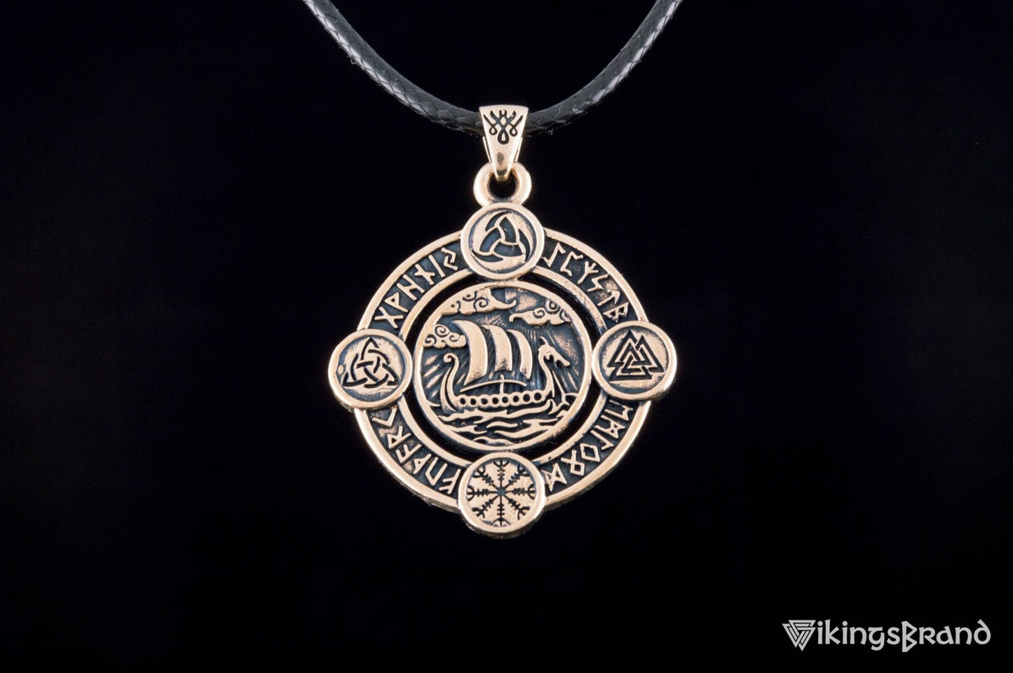 Vikings Drakkar Pendant with Norse Symbols Bronze Viking Jewelry