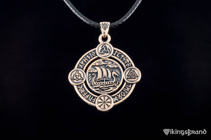 Vikings Drakkar Pendant with Norse Symbols Bronze Viking Jewelry