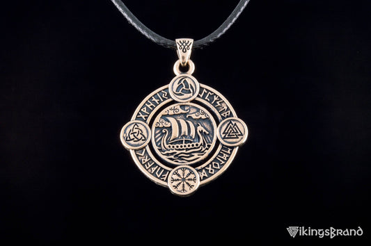 Vikings Drakkar Pendant with Norse Symbols Bronze Viking Jewelry