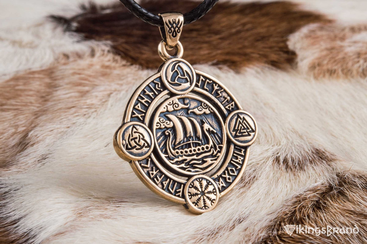 Vikings Drakkar Pendant with Norse Symbols Bronze Viking Jewelry