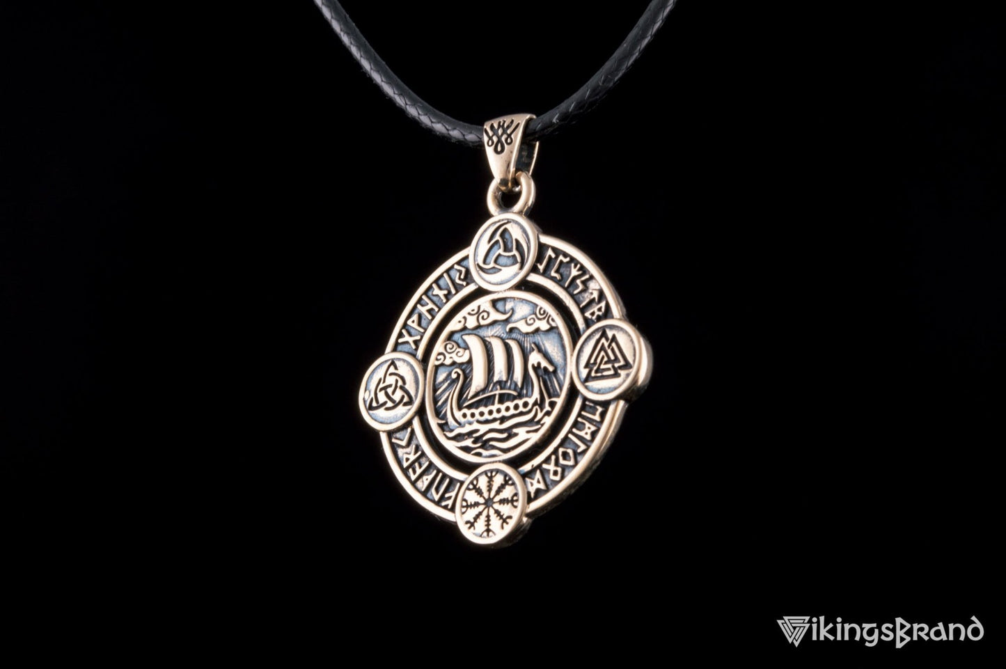 Vikings Drakkar Pendant with Norse Symbols Bronze Viking Jewelry