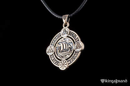 Vikings Drakkar Pendant with Norse Symbols Bronze Viking Jewelry