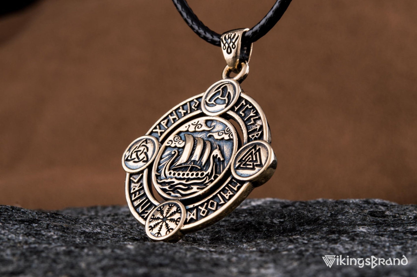 Vikings Drakkar Pendant with Norse Symbols Bronze Viking Jewelry