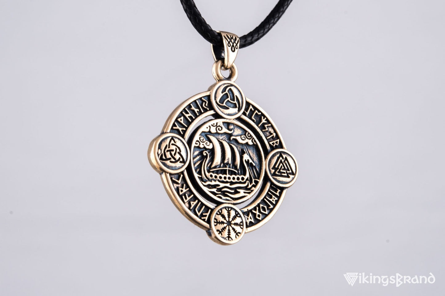 Vikings Drakkar Pendant with Norse Symbols Bronze Viking Jewelry
