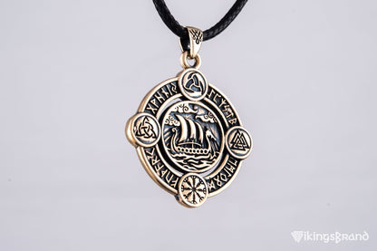 Vikings Drakkar Pendant with Norse Symbols Bronze Viking Jewelry