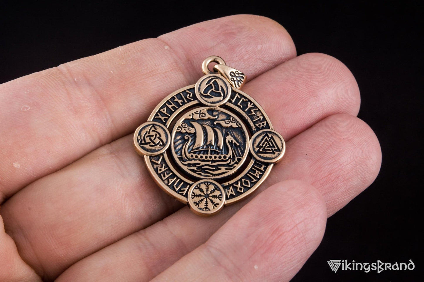 Vikings Drakkar Pendant with Norse Symbols Bronze Viking Jewelry