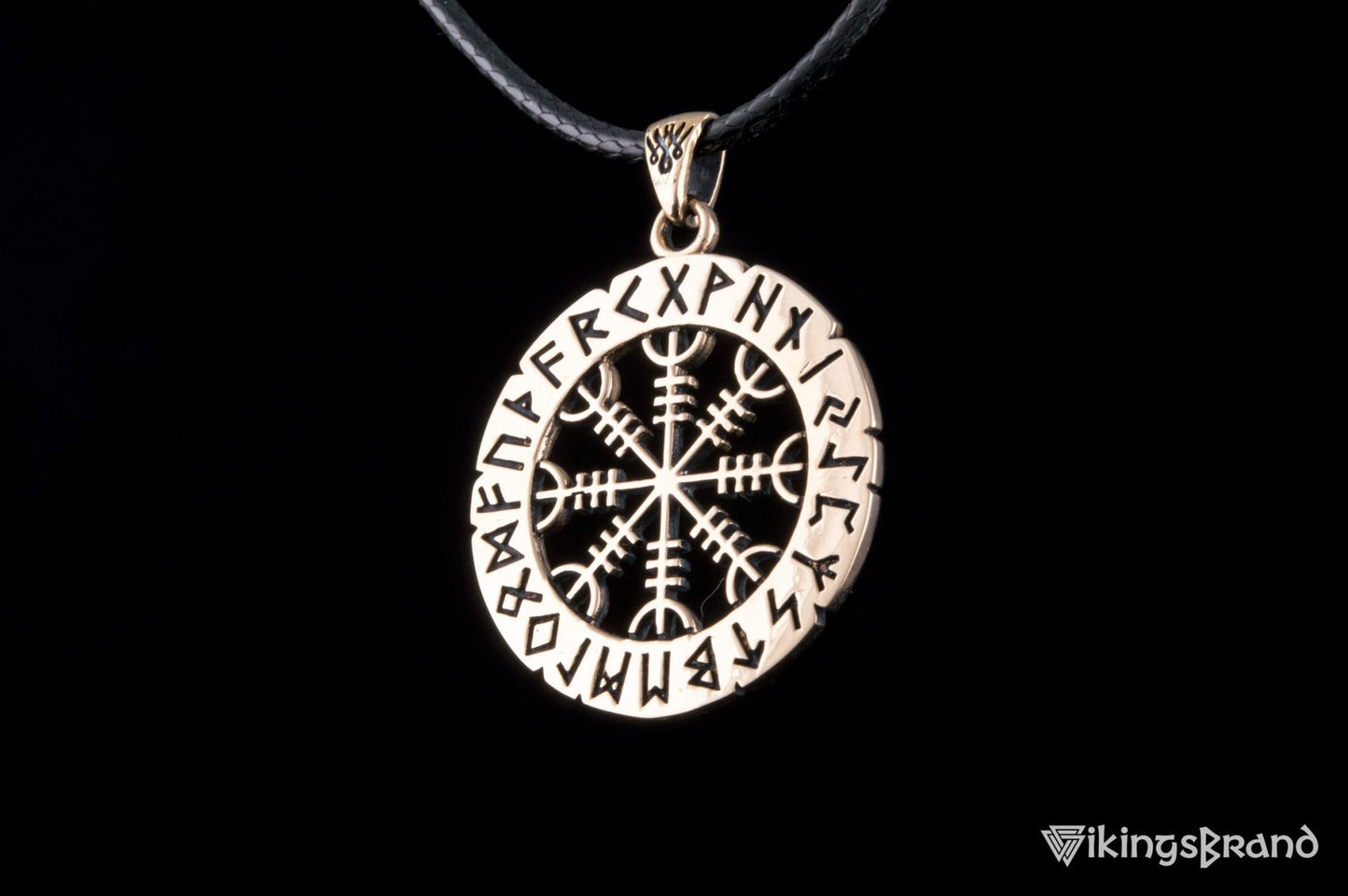 Vikings Helm of Awe Symbol with Elder Futhark Runes Bronze Pendant