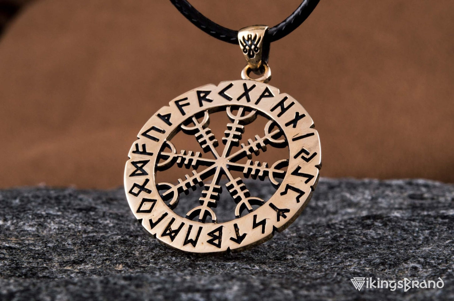 Vikings Helm of Awe Symbol with Elder Futhark Runes Bronze Pendant