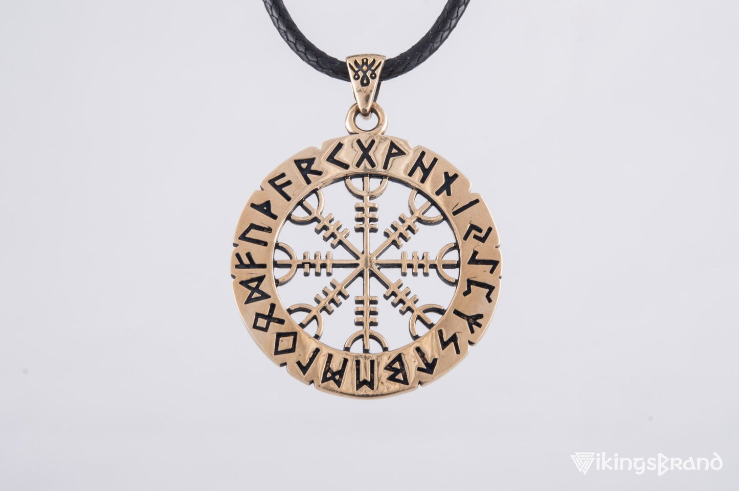 Vikings Helm of Awe Symbol with Elder Futhark Runes Bronze Pendant
