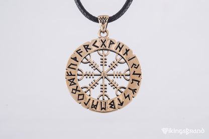 Vikings Helm of Awe Symbol with Elder Futhark Runes Bronze Pendant