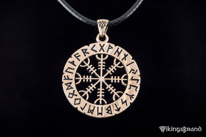 Vikings Helm of Awe Symbol with Elder Futhark Runes Bronze Pendant