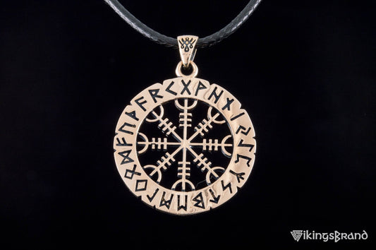 Vikings Helm of Awe Symbol with Elder Futhark Runes Bronze Pendant