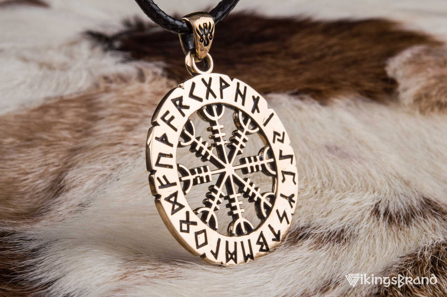 Vikings Helm of Awe Symbol with Elder Futhark Runes Bronze Pendant