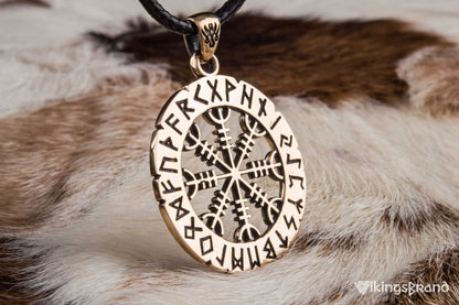 Vikings Helm of Awe Symbol with Elder Futhark Runes Bronze Pendant