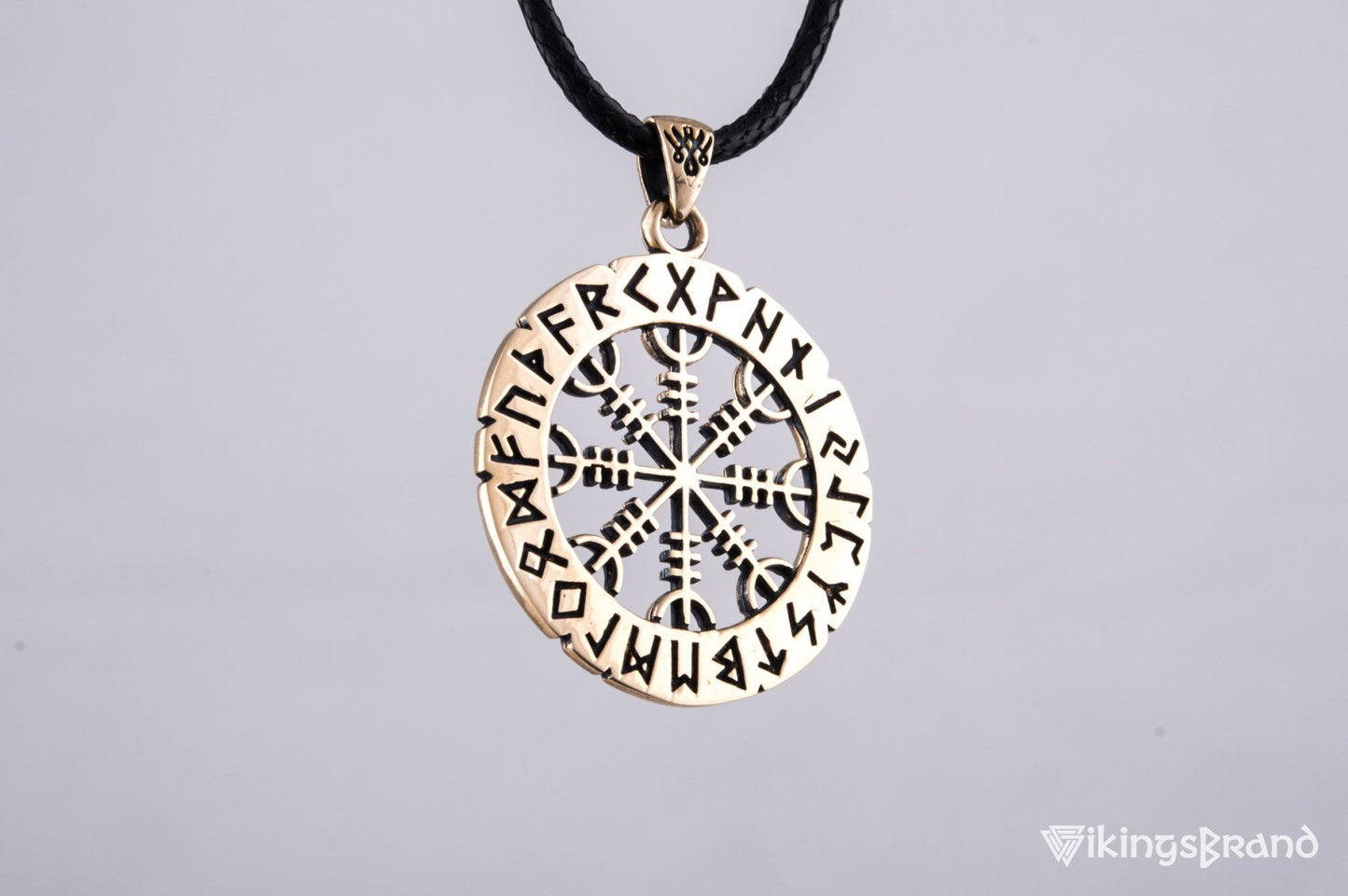 Vikings Helm of Awe Symbol with Elder Futhark Runes Bronze Pendant