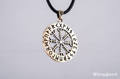 Vikings Helm of Awe Symbol with Elder Futhark Runes Bronze Pendant