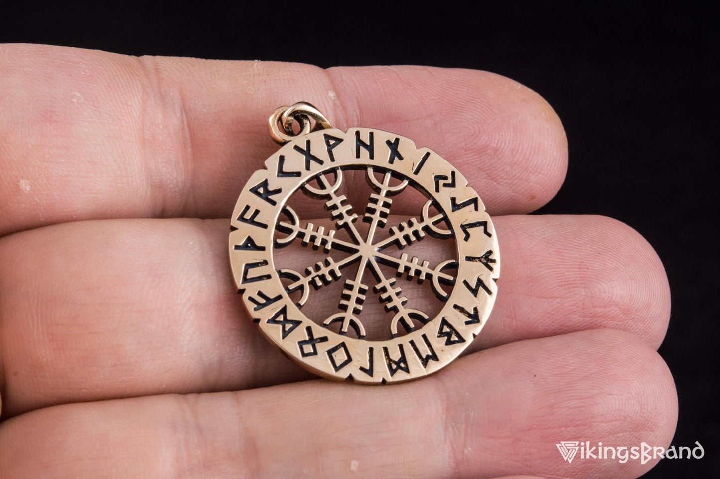 Vikings Helm of Awe Symbol with Elder Futhark Runes Bronze Pendant