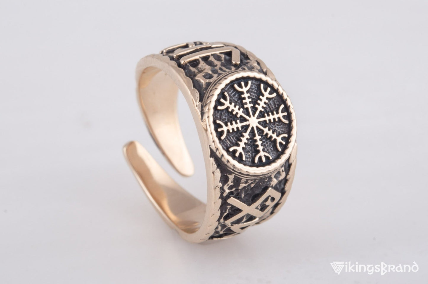 Vikings Helm of Awe Symbol with Hail Odin Bronze Viking Ring