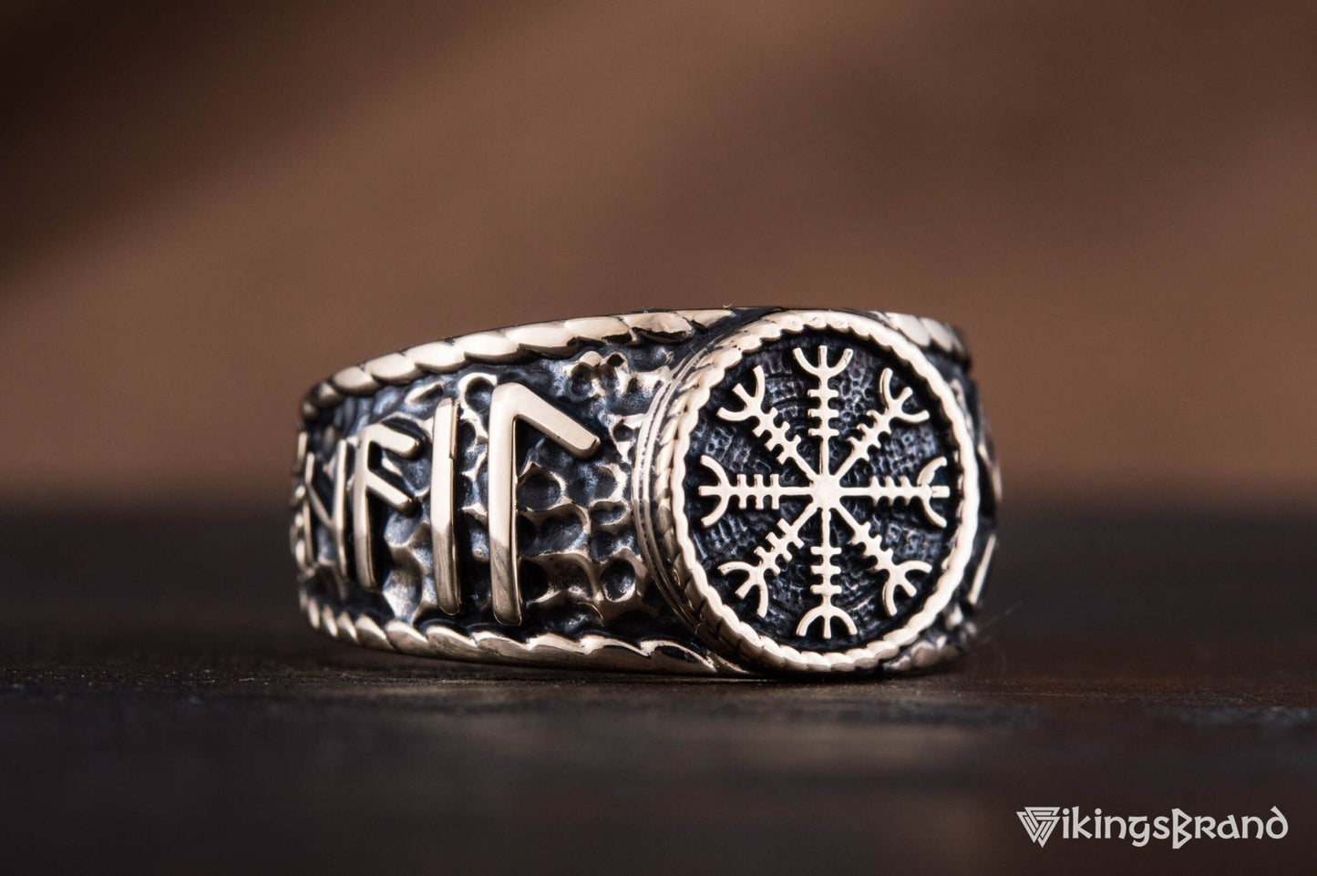 Vikings Helm of Awe Symbol with Hail Odin Bronze Viking Ring