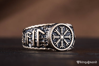 Vikings Helm of Awe Symbol with Hail Odin Bronze Viking Ring