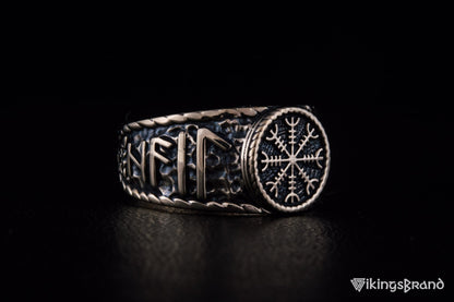Vikings Helm of Awe Symbol with Hail Odin Bronze Viking Ring