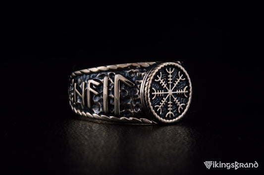 Vikings Helm of Awe Symbol with Hail Odin Bronze Viking Ring