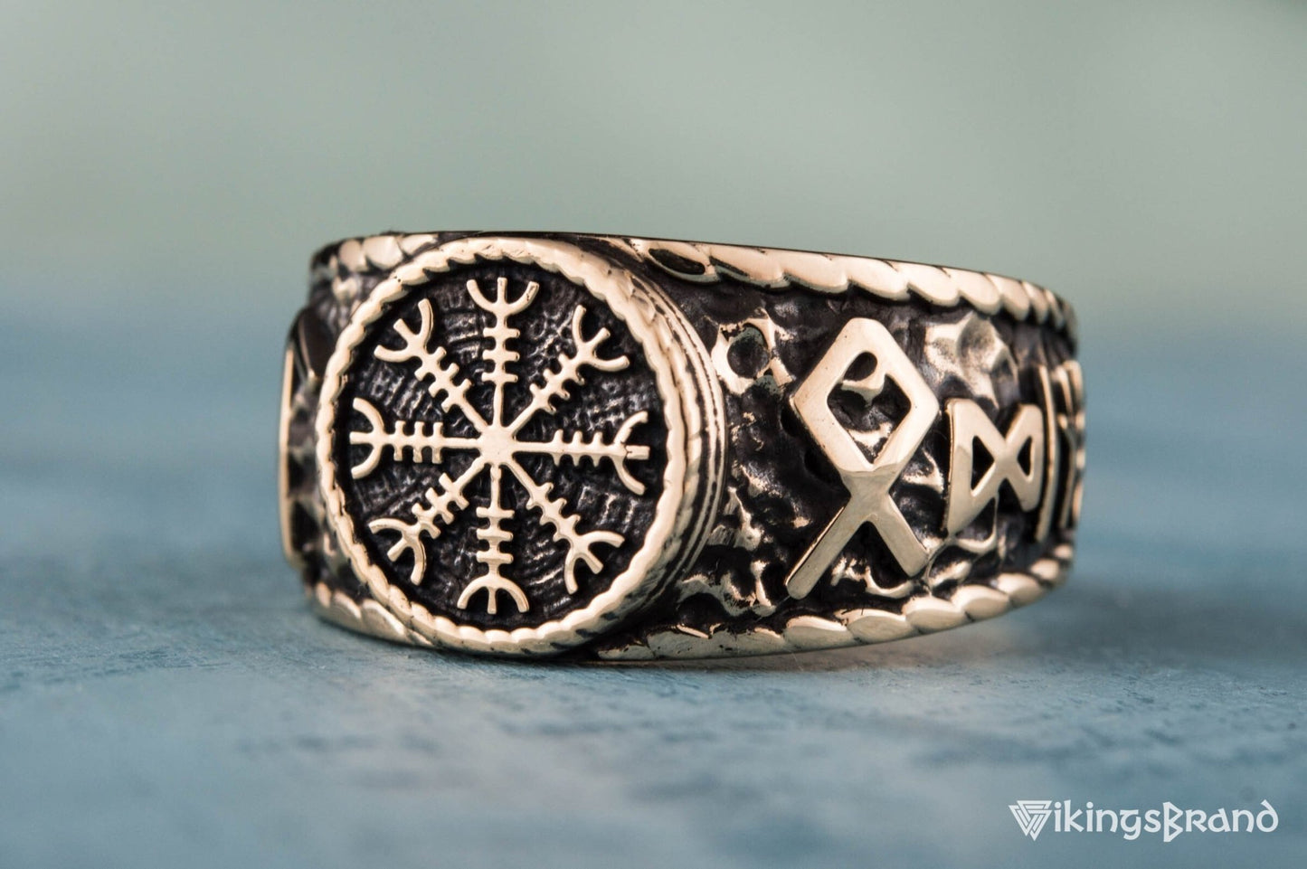 Vikings Helm of Awe Symbol with Hail Odin Bronze Viking Ring