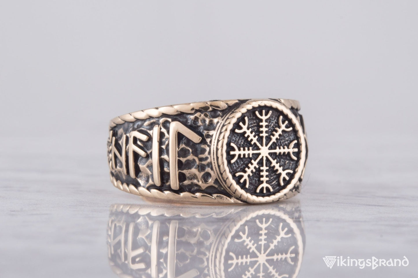 Vikings Helm of Awe Symbol with Hail Odin Bronze Viking Ring