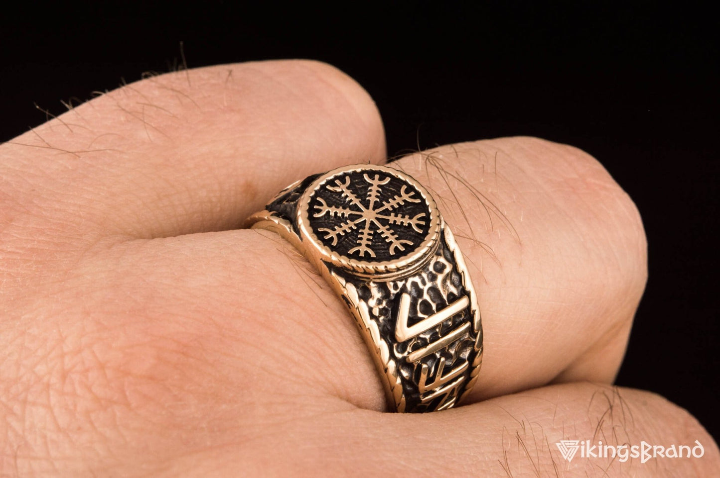 Vikings Helm of Awe Symbol with Hail Odin Bronze Viking Ring