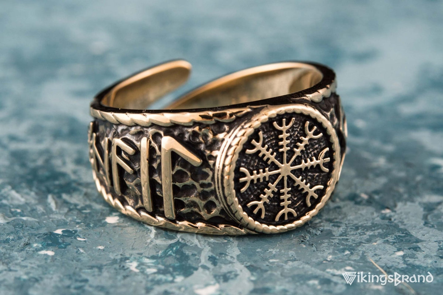 Vikings Helm of Awe Symbol with Hail Odin Bronze Viking Ring