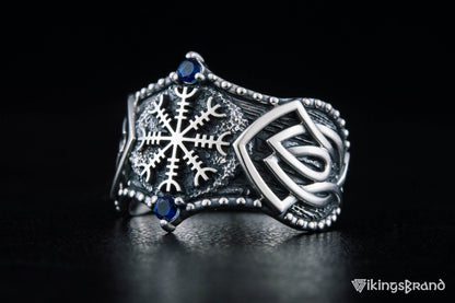 Vikings Helm of Awe Symbol with Norse Ornament and CZ Sterling Silver Viking Ring