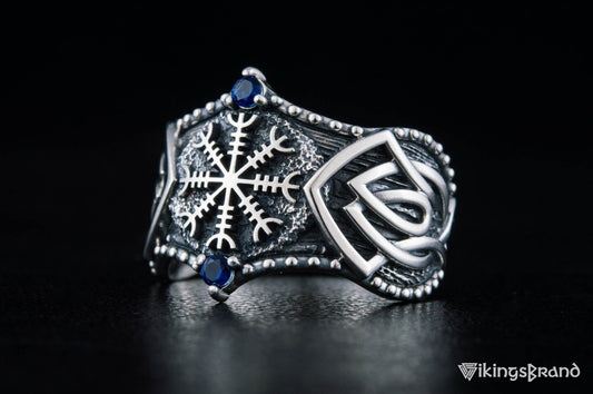 Vikings Helm of Awe Symbol with Norse Ornament and CZ Sterling Silver Viking Ring
