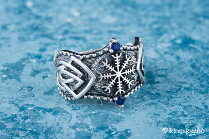 Vikings Helm of Awe Symbol with Norse Ornament and CZ Sterling Silver Viking Ring