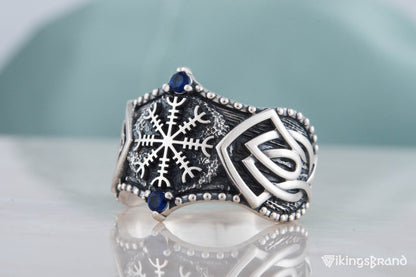 Vikings Helm of Awe Symbol with Norse Ornament and CZ Sterling Silver Viking Ring