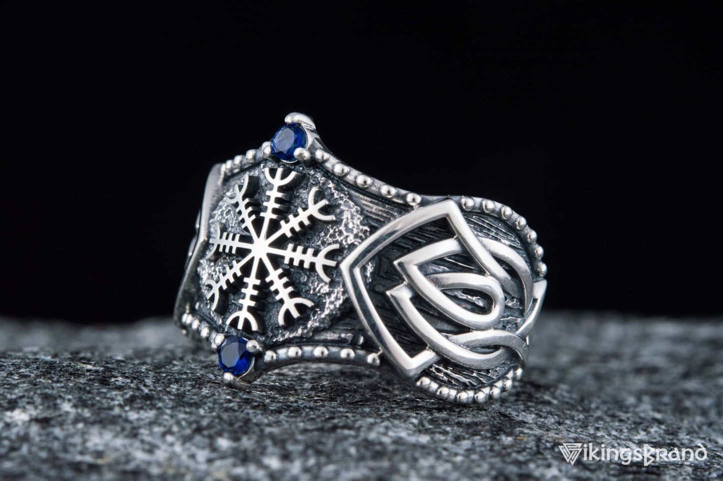 Vikings Helm of Awe Symbol with Norse Ornament and CZ Sterling Silver Viking Ring