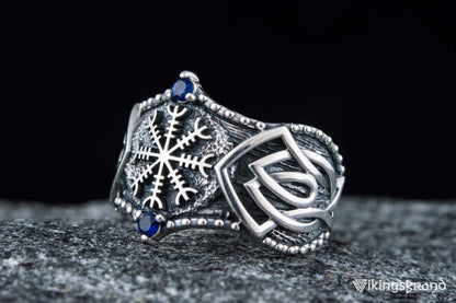 Vikings Helm of Awe Symbol with Norse Ornament and CZ Sterling Silver Viking Ring