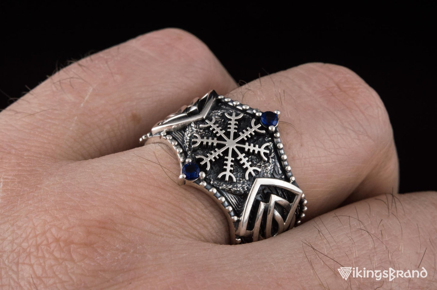 Vikings Helm of Awe Symbol with Norse Ornament and CZ Sterling Silver Viking Ring
